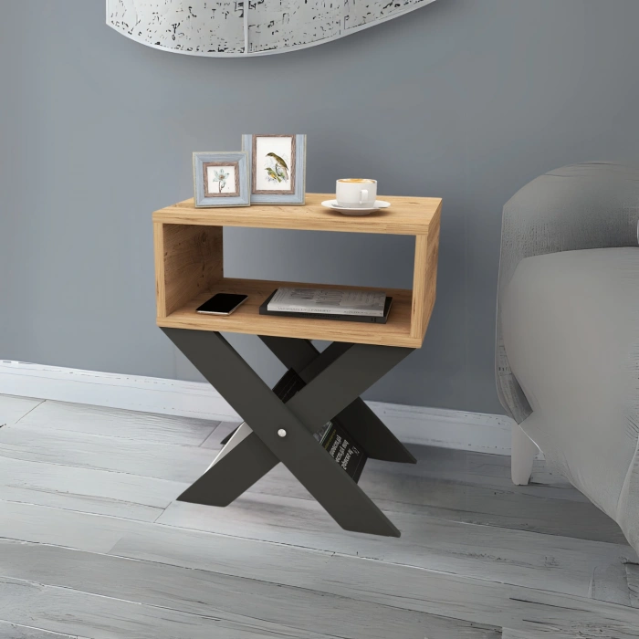 Lepus X Ayaklı Komodin & Şifonyer Çekmecesiz Raflı Yatak Odası Başucu Düzenleyici Antrasit-Çam