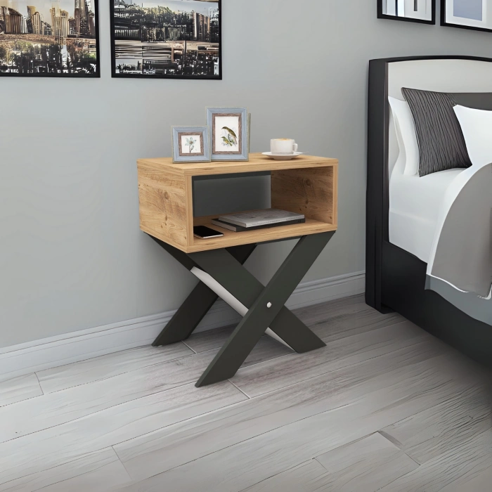 Lepus X Ayaklı Komodin & Şifonyer Çekmecesiz Raflı Yatak Odası Başucu Düzenleyici Antrasit-Çam