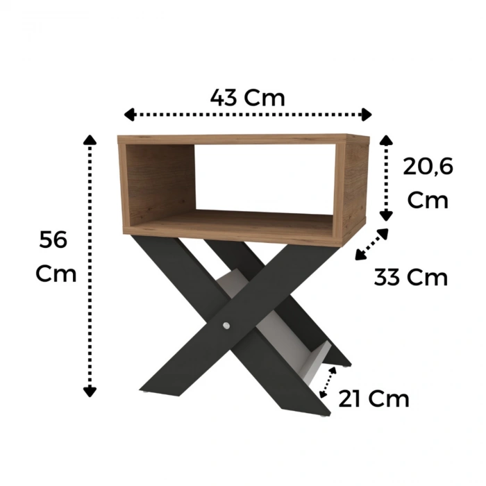 Lepus X Ayaklı Komodin & Şifonyer Çekmecesiz Raflı Yatak Odası Başucu Düzenleyici Antrasit-Çam
