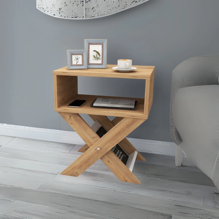 Lepus X Ayaklı Komodin & Şifonyer Çekmecesiz Raflı Yatak Odası Başucu Düzenleyici Çam