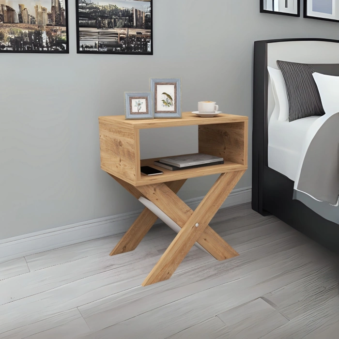 Lepus X Ayaklı Komodin & Şifonyer Çekmecesiz Raflı Yatak Odası Başucu Düzenleyici Çam