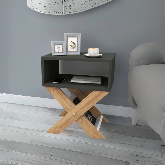 Lepus X Ayaklı Komodin & Şifonyer Çekmecesiz Raflı Yatak Odası Başucu Düzenleyici Çam-Antrasit