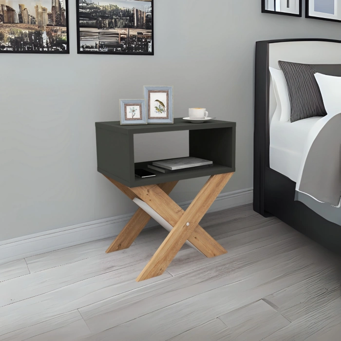 Lepus X Ayaklı Komodin & Şifonyer Çekmecesiz Raflı Yatak Odası Başucu Düzenleyici Çam-Antrasit