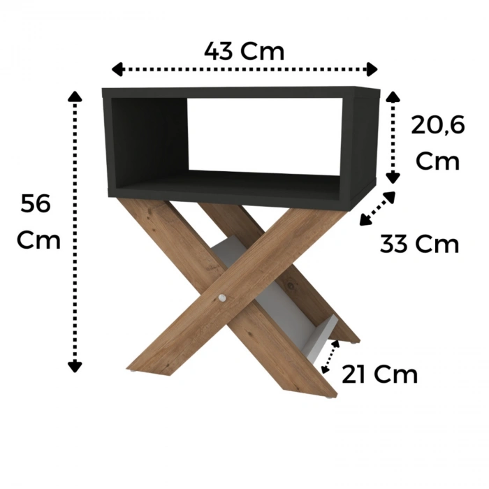 Lepus X Ayaklı Komodin & Şifonyer Çekmecesiz Raflı Yatak Odası Başucu Düzenleyici Çam-Antrasit