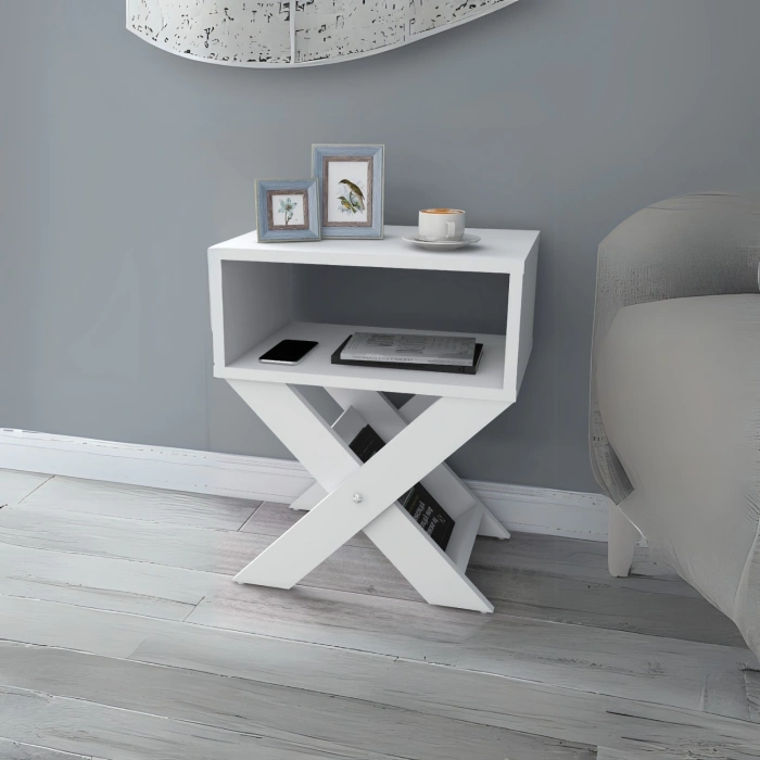 Lepus X Ayaklı Komodin & Şifonyer Çekmecesiz Raflı Yatak Odası Başucu Düzenleyici Dergilik - Beyaz