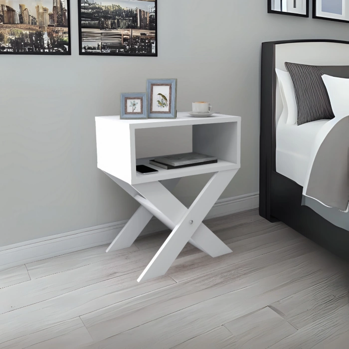 Lepus X Ayaklı Komodin & Şifonyer Çekmecesiz Raflı Yatak Odası Başucu Düzenleyici Dergilik - Beyaz