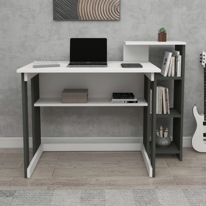Lotus 5 Raflı Çalışma Masası Laptop Bilgisayar Masası Ofis Ders Yemek Çocuk Masası Antrasit-Beyaz