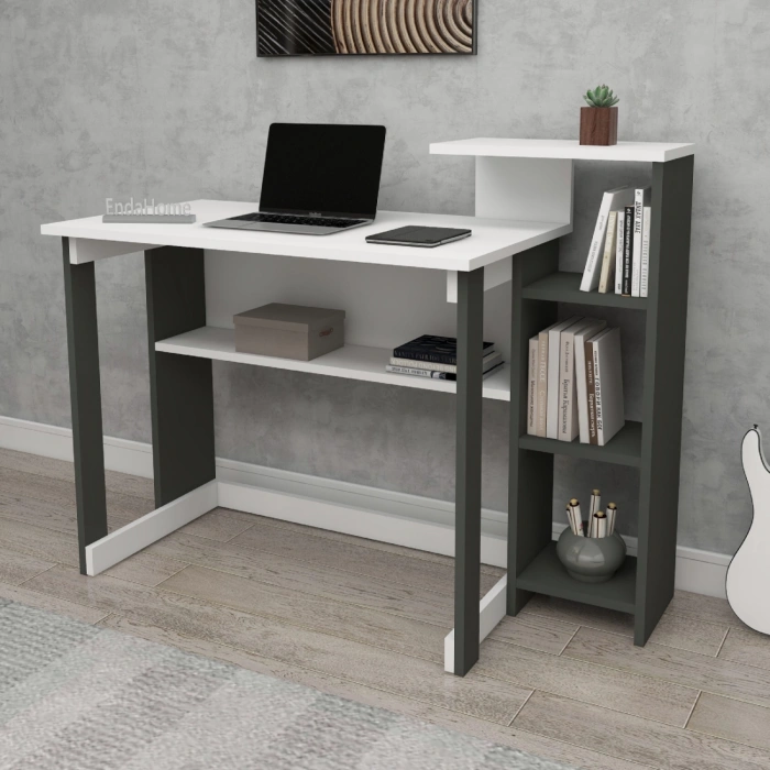 Lotus 5 Raflı Çalışma Masası Laptop Bilgisayar Masası Ofis Ders Yemek Çocuk Masası Antrasit-Beyaz