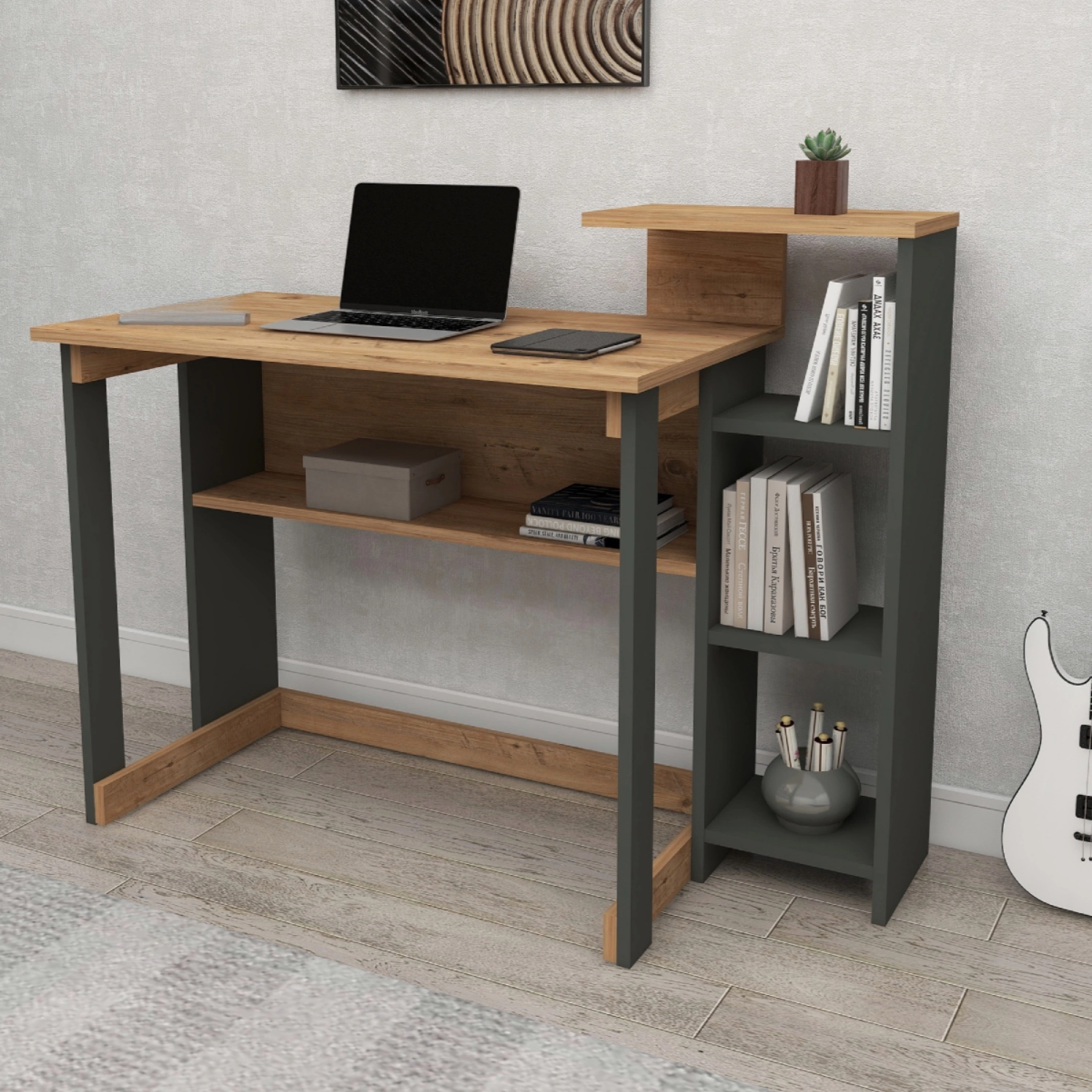 Lotus 5 Raflı Çalışma Masası Laptop Bilgisayar Masası Ofis Ders Yemek Çocuk Masası Çam-Antrasit