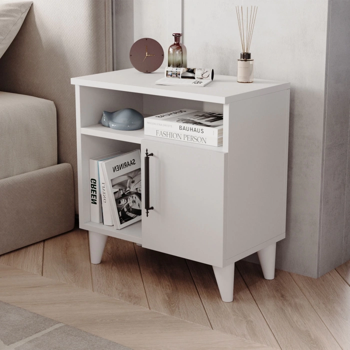 Melina Tek Kapaklı 2 Raflı Bölmeli Komodin & Şifonyer Yatak Odası Başucu Düzenleyici Komidin Beyaz