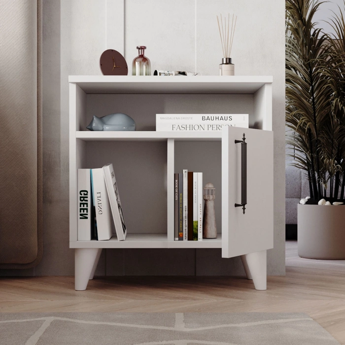 Melina Tek Kapaklı 2 Raflı Bölmeli Komodin & Şifonyer Yatak Odası Başucu Düzenleyici Komidin Beyaz