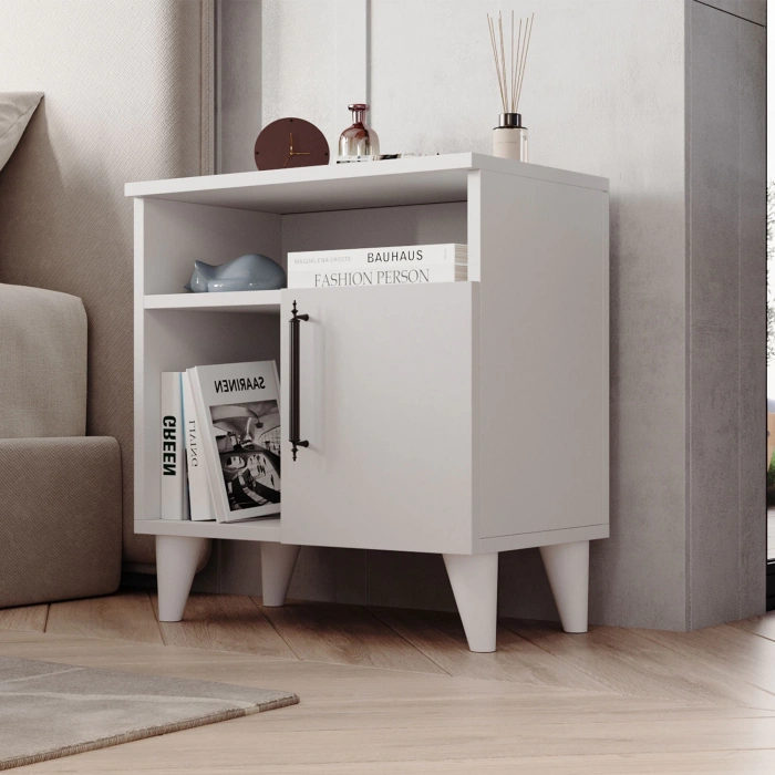 Melina Tek Kapaklı 2 Raflı Bölmeli Komodin & Şifonyer Yatak Odası Başucu Düzenleyici Komidin Beyaz