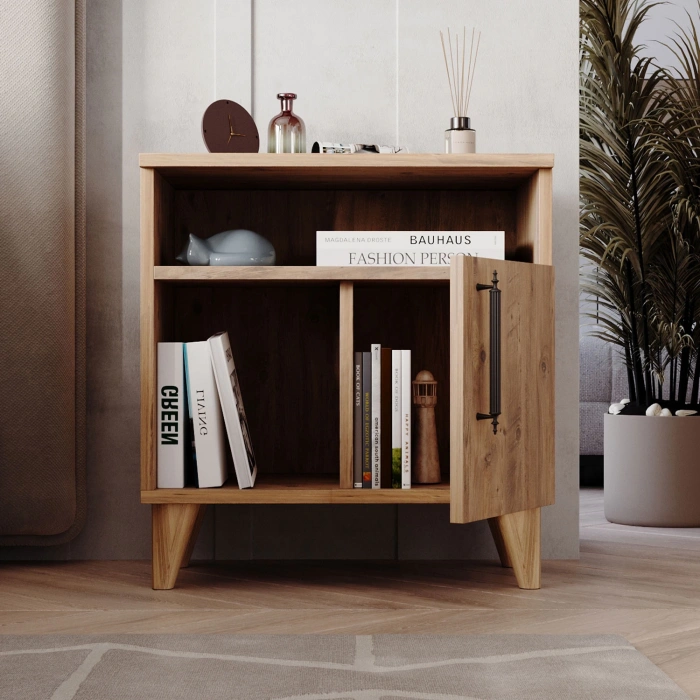 Melina Tek Kapaklı 2 Raflı Bölmeli Komodin & Şifonyer Yatak Odası Başucu Düzenleyici Komidin - Çam