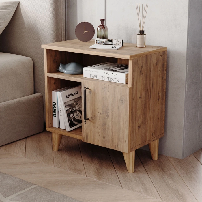 Melina Tek Kapaklı 2 Raflı Bölmeli Komodin & Şifonyer Yatak Odası Başucu Düzenleyici Komidin - Çam