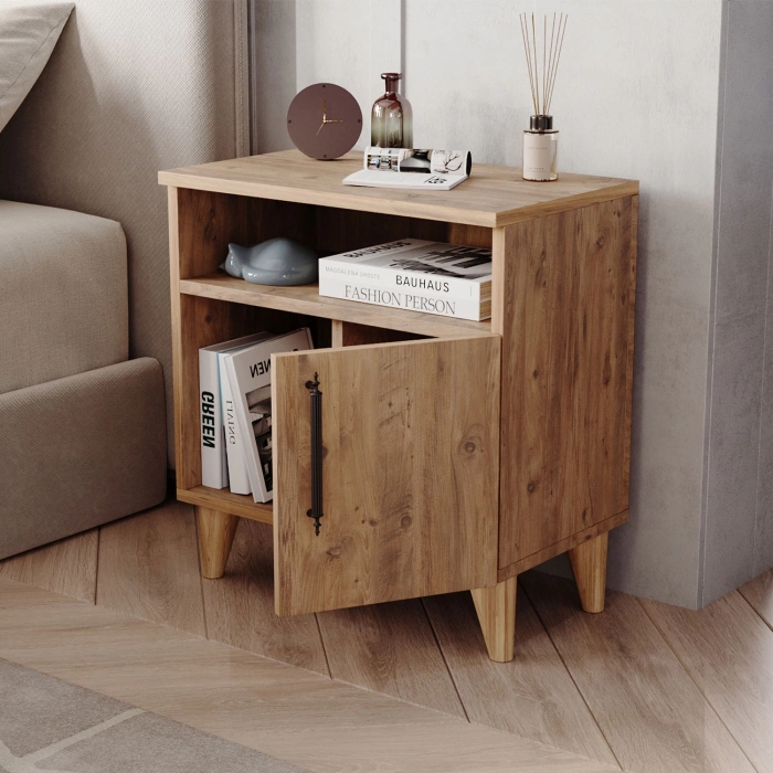 Melina Tek Kapaklı 2 Raflı Bölmeli Komodin & Şifonyer Yatak Odası Başucu Düzenleyici Komidin - Çam