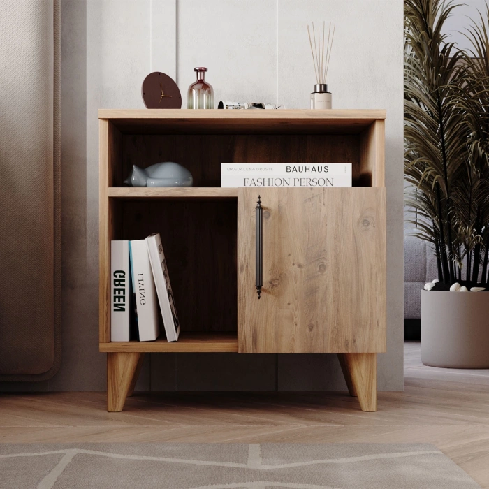 Melina Tek Kapaklı 2 Raflı Bölmeli Komodin & Şifonyer Yatak Odası Başucu Düzenleyici Komidin - Çam