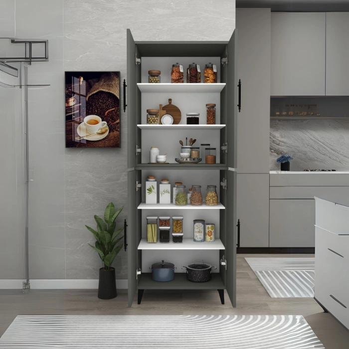 Meta 6 Raflı 4 Kapaklı Çok Amaçlı XL Dolap Mutfak Banyo Balkon Erzak Killer Dolabı Antrasit