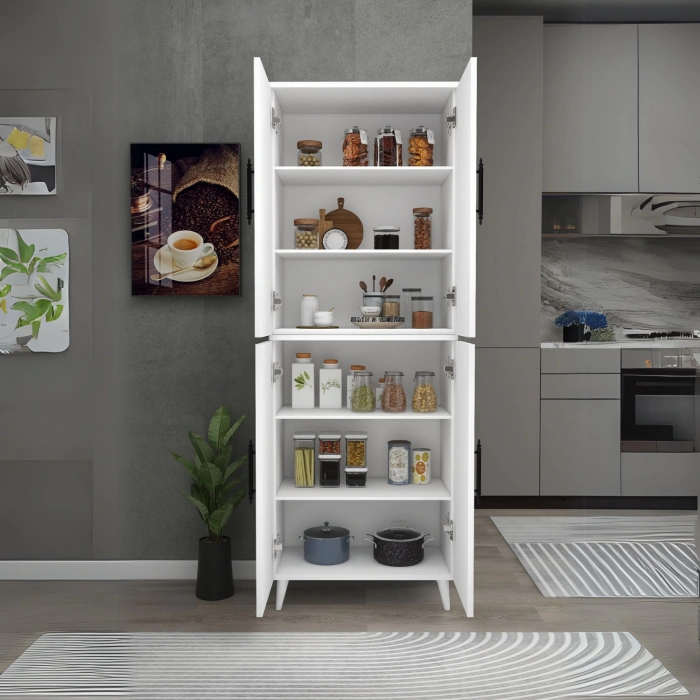 Meta 6 Raflı 4 Kapaklı Çok Amaçlı XL Dolap Mutfak Banyo Balkon Erzak Killer Dolabı - Beyaz