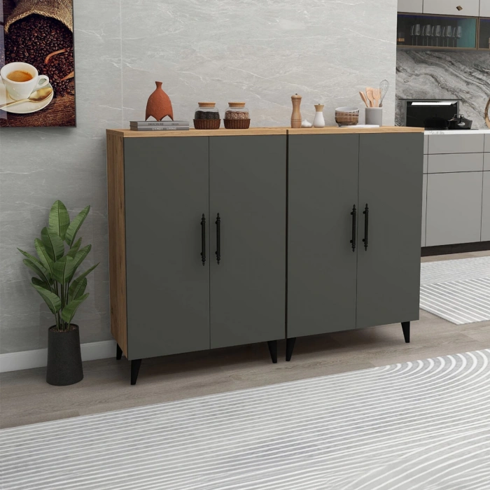 Meta 6 Raflı 4 Kapaklı Çok Amaçlı XL Dolap Mutfak Banyo Balkon Erzak Killer Dolabı Çam-Antrasit