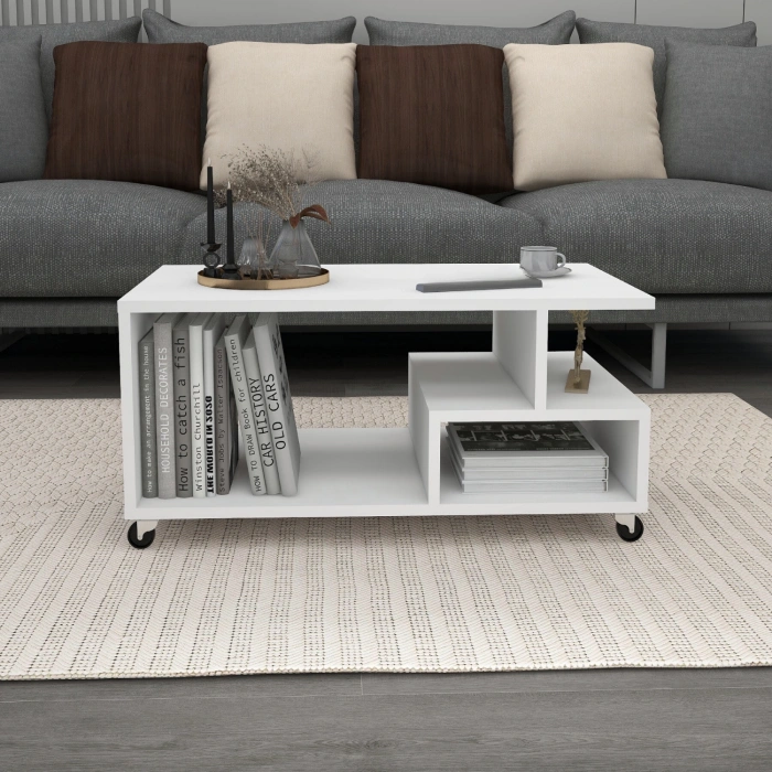 Panama Tekerlekli Pratik Orta Sehpa Salon Sehpası 86*50 - Beyaz