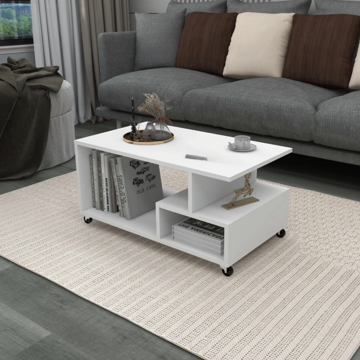 Panama Tekerlekli Pratik Orta Sehpa Salon Sehpası 86*50 - Beyaz