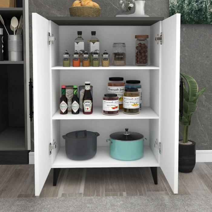 Pegasus 3 Raflı 2 Kapaklı Çok Amaçlı Dolap Mutfak Banyo Balkon Erzak Killer Dolabı Antrasit-Beyaz