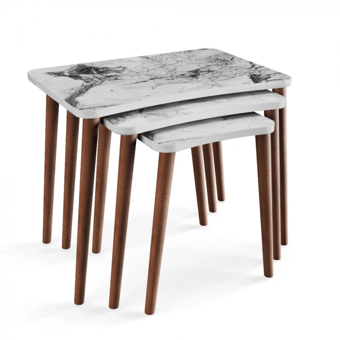 Reyhan 3lü Zigon Sehpa & Yan Sehpa Ahşap Ayaklı Salon Seti Çay Sehpası Beyaz Mermer