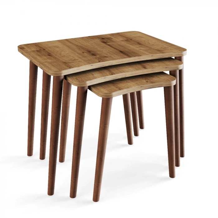 Reyhan 3lü Zigon Sehpa & Yan Sehpa Ahşap Ayaklı Salon Seti Çay Sehpası - Ceviz