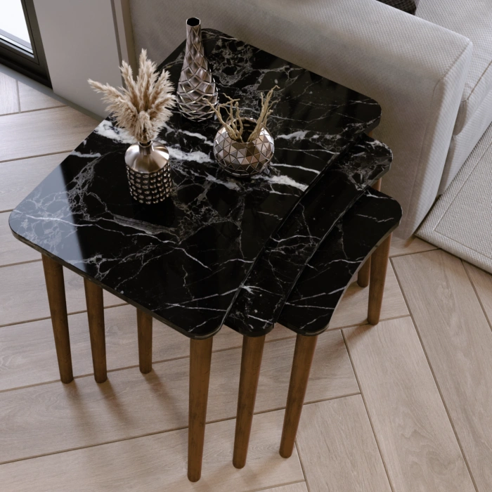 Reyhan 3lü Zigon Sehpa & Yan Sehpa Ahşap Ayaklı Salon Seti Çay Sehpası - Siyah Mermer