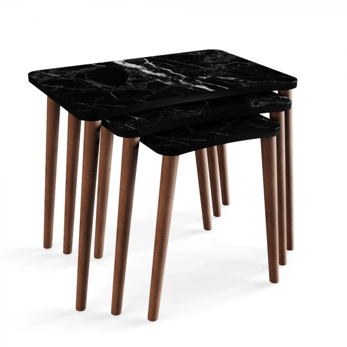 Reyhan 3lü Zigon Sehpa & Yan Sehpa Ahşap Ayaklı Salon Seti Çay Sehpası - Siyah Mermer