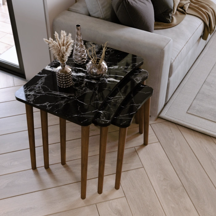 Reyhan 3lü Zigon Sehpa & Yan Sehpa Ahşap Ayaklı Salon Seti Çay Sehpası - Siyah Mermer