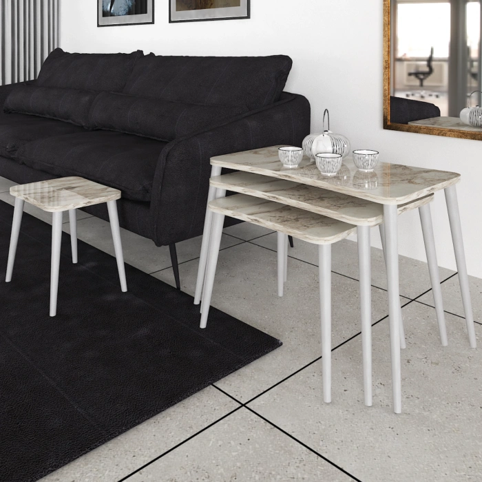 Selen 4lü Zigon Sehpa Ahşap Beyaz Ayaklı Salon Seti Çay Sehpası Beyaz Mermer