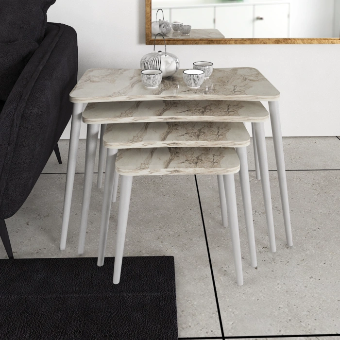 Selen 4lü Zigon Sehpa Ahşap Beyaz Ayaklı Salon Seti Çay Sehpası Beyaz Mermer
