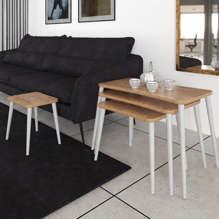 Selen 4lü Zigon Sehpa Ahşap Beyaz Ayaklı Salon Seti Çay Sehpası – Çam