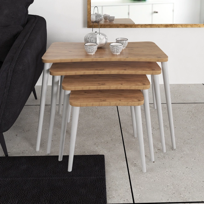 Selen 4lü Zigon Sehpa Ahşap Beyaz Ayaklı Salon Seti Çay Sehpası – Çam