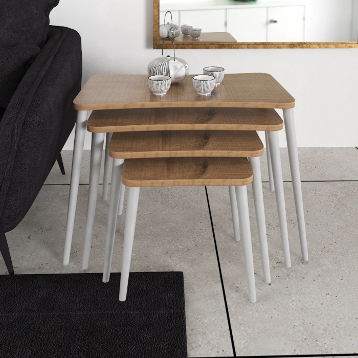 Selen 4lü Zigon Sehpa Ahşap Beyaz Ayaklı Salon Seti Çay Sehpası – Ceviz