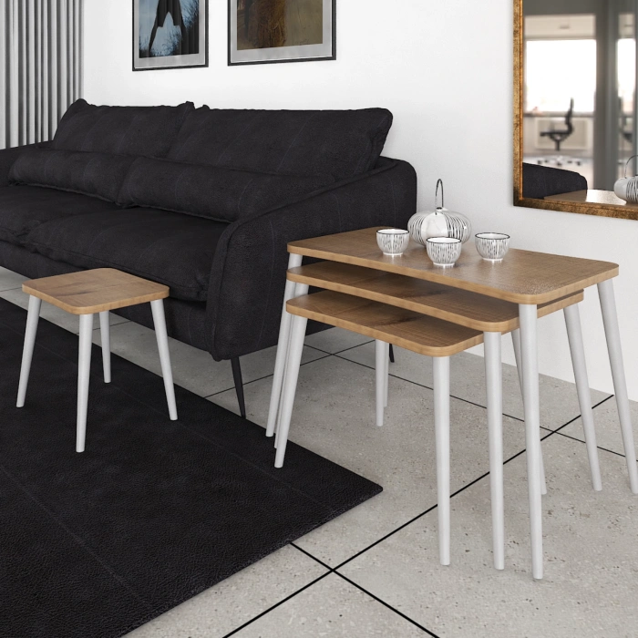 Selen 4lü Zigon Sehpa Ahşap Beyaz Ayaklı Salon Seti Çay Sehpası – Ceviz