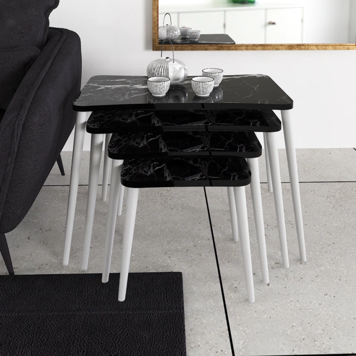 Selen 4lü Zigon Sehpa Ahşap Beyaz Ayaklı Salon Seti Çay Sehpası – Siyah Mermer