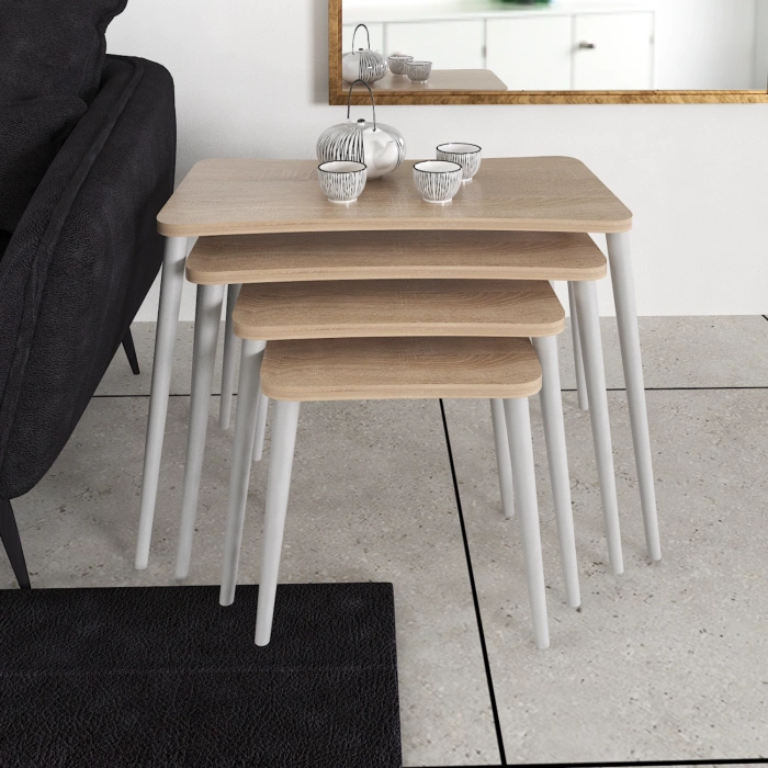 Selen 4lü Zigon Sehpa Ahşap Beyaz Ayaklı Salon Seti Çay Sehpası Sonomo