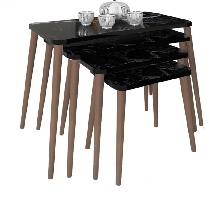 Selena 4lü Zigon Sehpa Ahşap Ayaklı Salon Seti Çay Sehpası – Siyah Mermer Desenli