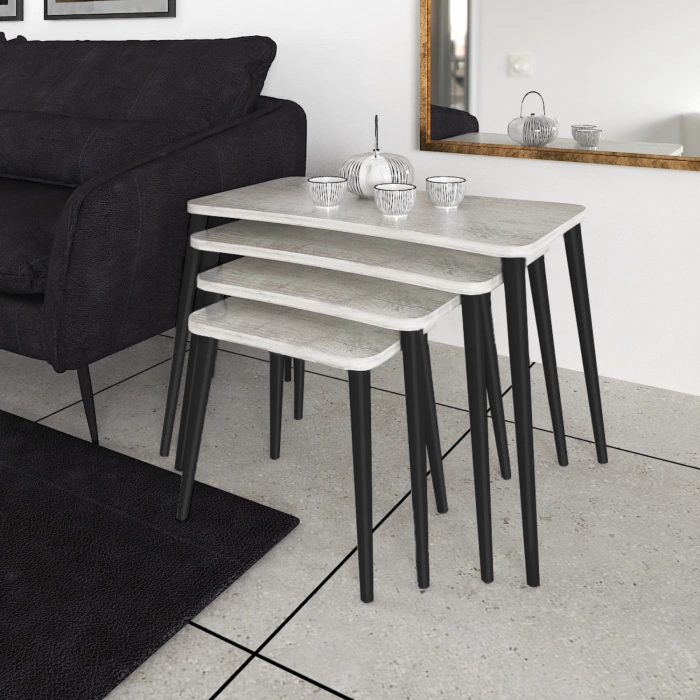 Sinem 4lü Zigon Sehpa Yan Sehpa Ahşap Siyah Ayaklı Salon Seti Çay Sehpası - Kristal