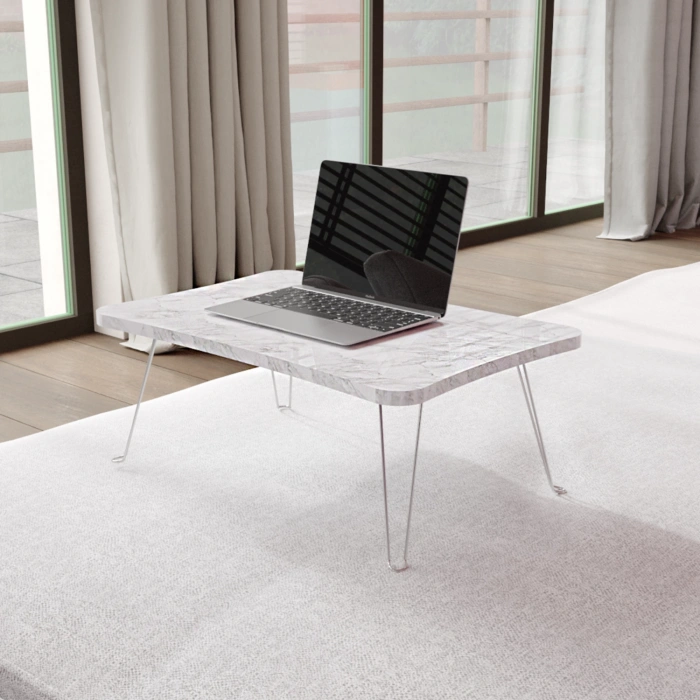 Taşınabilir Katlanır Yatak Koltuk Üstü Hasta Servis Masası Laptop Bilgisayar Çalışma Sehpası Beyaz Mermer