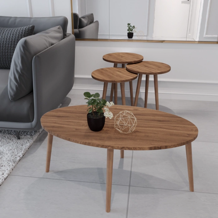 Tokyo Orta Sehpa Ve Zigon Sehpa 4lü Ahşap Ayaklı Salon Seti Sehpa - Ceviz