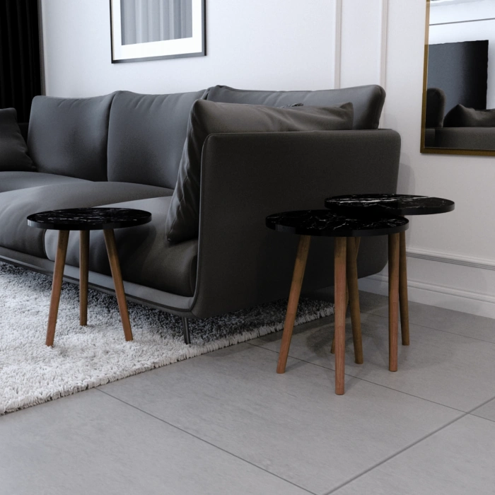 Tokyo Orta Sehpa Ve Zigon Sehpa 4lü Ahşap Ayaklı Salon Seti Sehpa Siyah Mermer