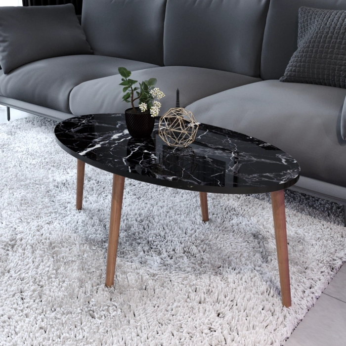 Tokyo Orta Sehpa Ve Zigon Sehpa 4lü Ahşap Ayaklı Salon Seti Sehpa Siyah Mermer