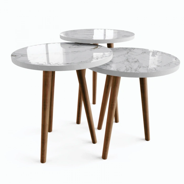 Tokyo Zigon Sehpa & Yan Sehpa 3lü Ahşap Ayaklı Yuvarlak Sehpa Beyaz Mermer Desenli
