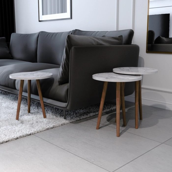 Tokyo Zigon Sehpa & Yan Sehpa 3lü Ahşap Ayaklı Yuvarlak Sehpa Beyaz Mermer Desenli