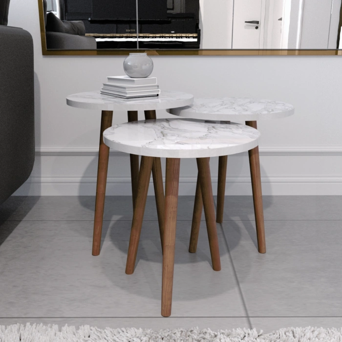 Tokyo Zigon Sehpa & Yan Sehpa 3lü Ahşap Ayaklı Yuvarlak Sehpa Beyaz Mermer Desenli