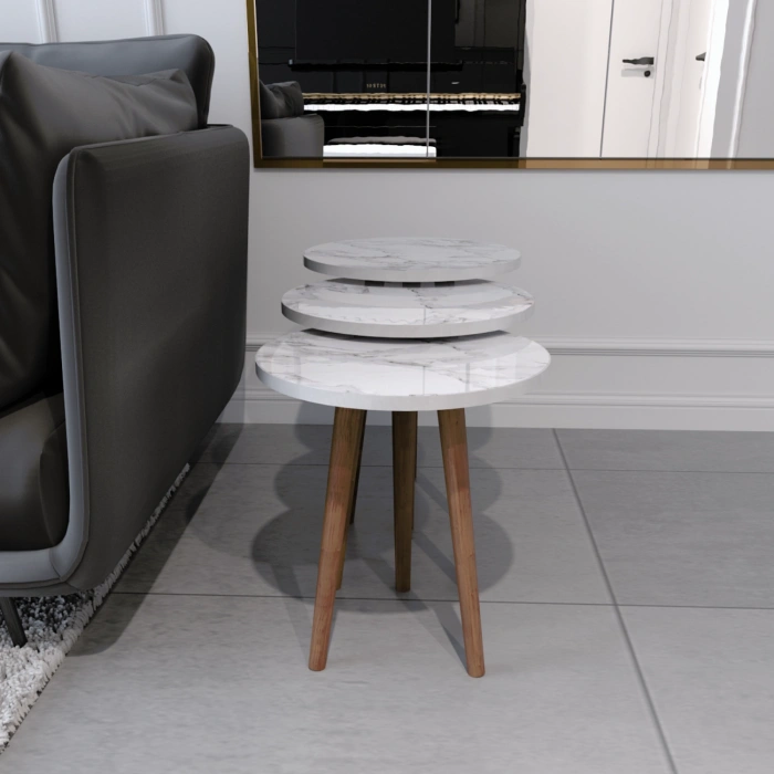 Tokyo Zigon Sehpa & Yan Sehpa 3lü Ahşap Ayaklı Yuvarlak Sehpa Beyaz Mermer Desenli