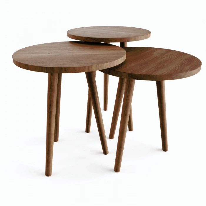 Tokyo Zigon Sehpa & Yan Sehpa 3lü Ahşap Ayaklı Yuvarlak Sehpa - Ceviz
